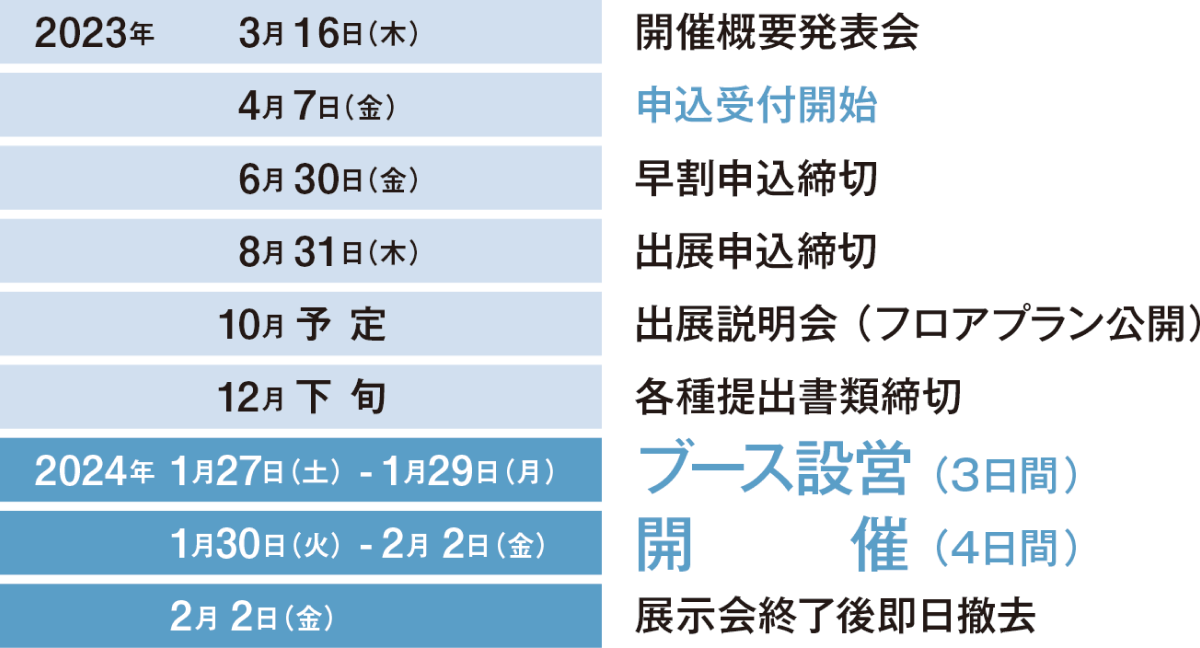 2023年3月16日（木）開催概要発表会　4月1日（土）申込受付開始　6月30日（金）早割申込締切　8月31日（木）出展申込締切　10月予定　出店説明会（フロアプラン公開）　12月下旬　各種提出書類締切　2024年1月27日（土）-1月29日（月）ブース設営（3日間）　1月30日（火）-2月2日（金）開催（4日間）　2月2日（金）展示会終了後即日撤去